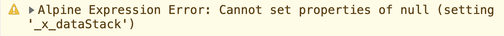 Screenshot of a console showing a warning about an Alpine expression error
