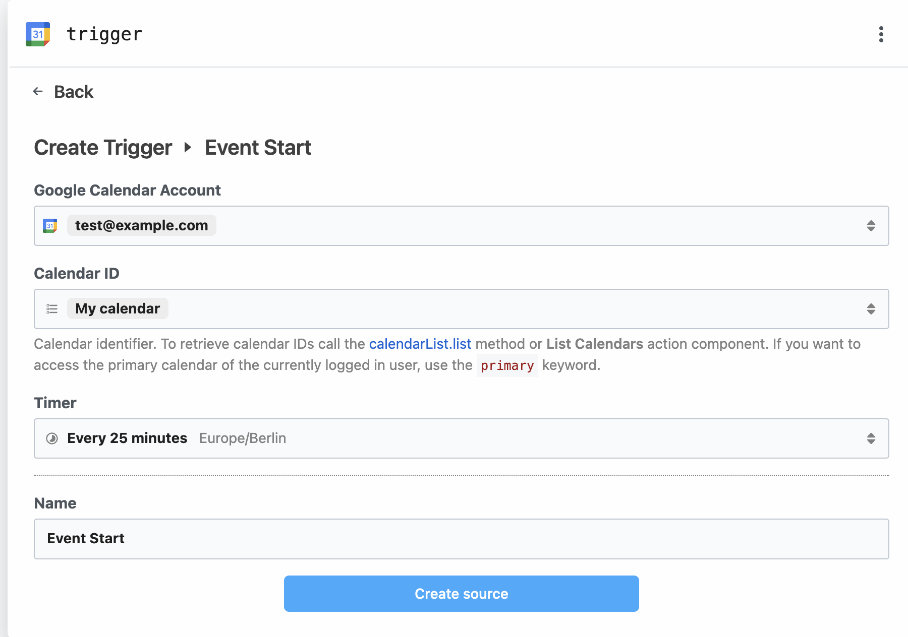 Screenshot of the Google Calendar trigger