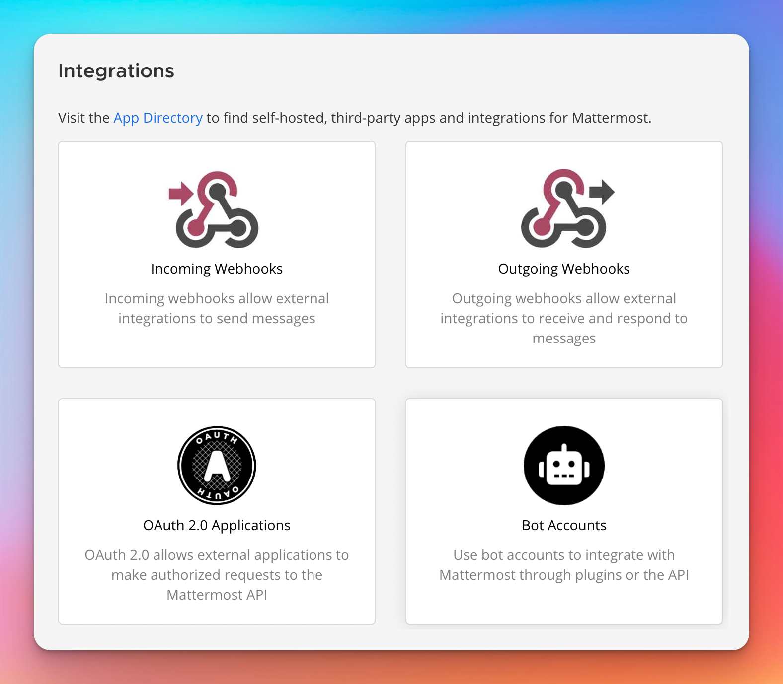 The integrations menu of Mattermost