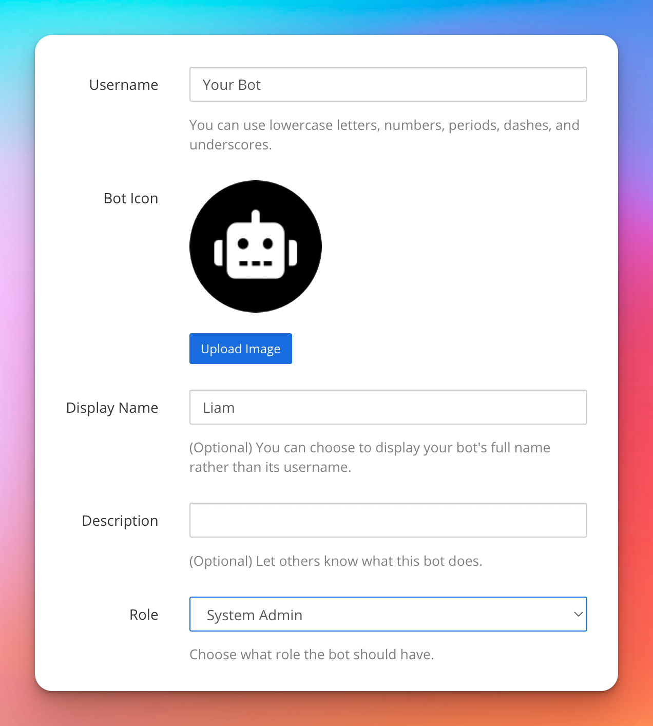 A form you have to fill out to create a Mattermost bot account