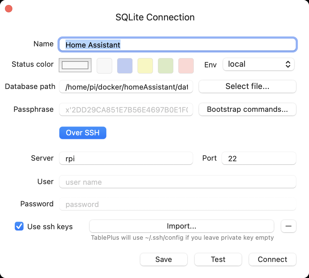 Screenshot of the connection details in TablePlus